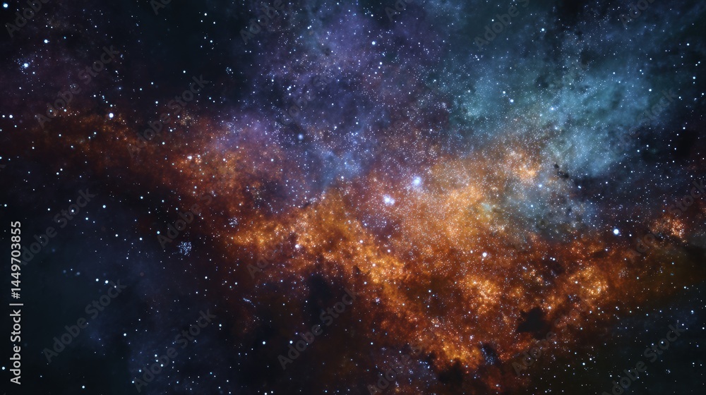 Fototapeta premium A breathtaking view of a nebula, swirling colors of orange, blue, and purple across the dark expanse of space. Millions of stars twinkle in the distance.