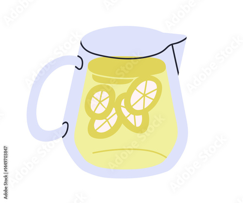 Cold drink with lemon slices, infused flavored water in glass jug. Refreshing summer beverage, lemonade in pitcher. Natural refreshment. Flat vector illustration isolated on white background