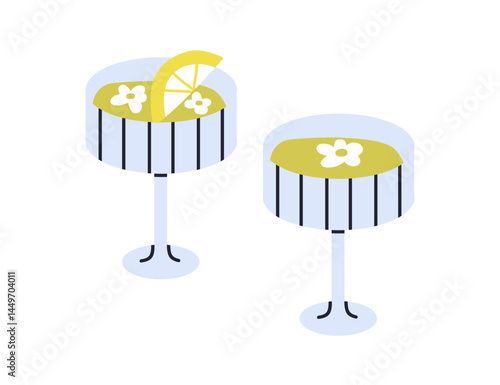 Cocktail drink in coupe glasses. Summer party beverages with lemon wedge slice and flower decoration. Refreshing beverage in modern stemware. Flat vector illustration isolated on white background