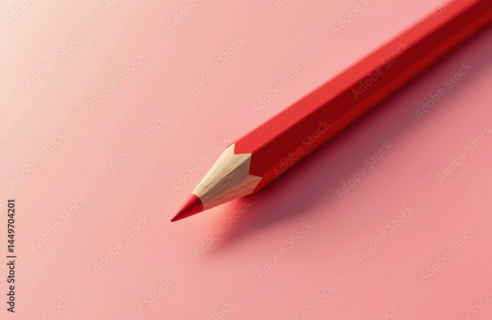 Red pencil on pink background. Close-up shot shows sharp pencil tip. Minimalist art supplies concept for business design, education. Drawing, writing, creativity, art supplies.