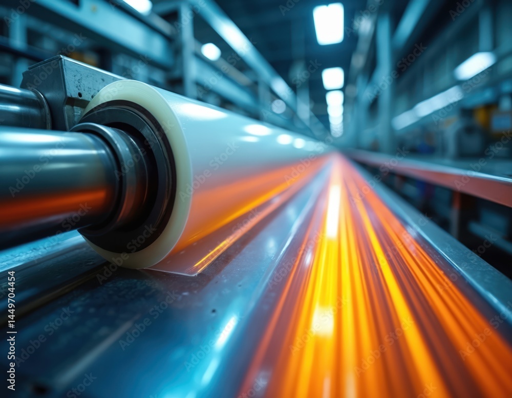 Close-up of industrial packaging machine with plastic film roll. Long exposure creates motion blur effect. Manufacturing process, food industry, and automated production line with advanced tech.