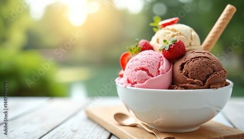 White bowl with layered scoops of strawberry chocolate vanilla ice cream. Topped with wafer straw and fresh strawberries. Dessert on wooden table at natural background.