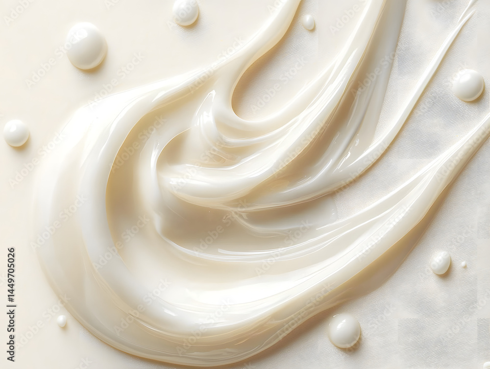 A smooth, creamy texture is displayed, resembling lotion or skincare product swirled on a light background with delicate droplets.