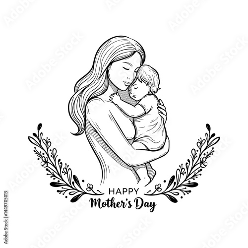 Hand drawn vector illustration of a loving mother gently holding her baby with a decorative floral frame perfect for heartfelt Mothers Day greeting cards and prints

