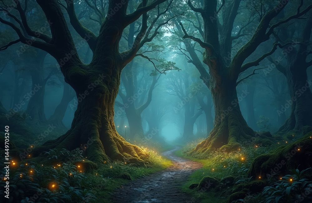 Mystical forest at twilight with glowing fireflies. Ancient, moss-covered trees, path leads deep into woods. Atmospheric landscape with sense of wonder, mystery. Dreamy, serene, fantasy environment,