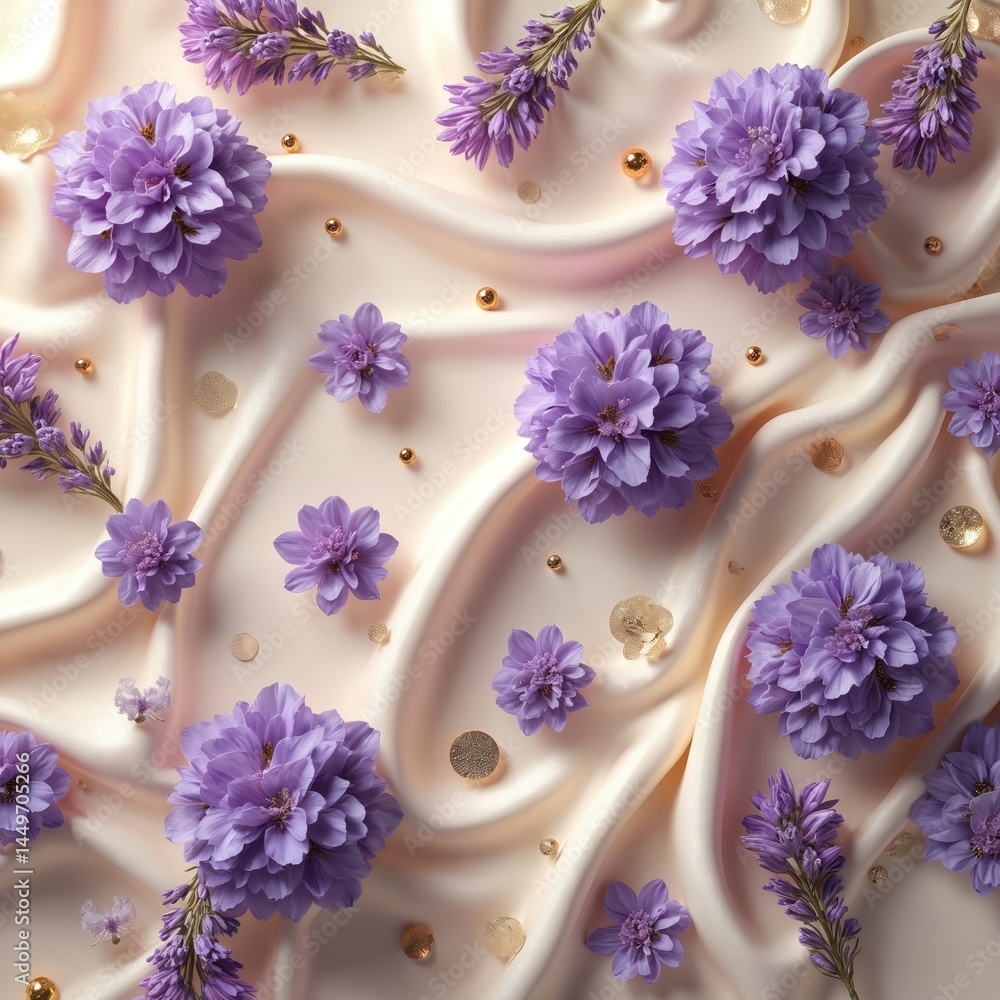 Elegant illustration purple lavender flowers on silky fabric background. Golden accents add touch of sophistication. Floral composition creates luxurious, aesthetic design. Soft, shiny, smooth