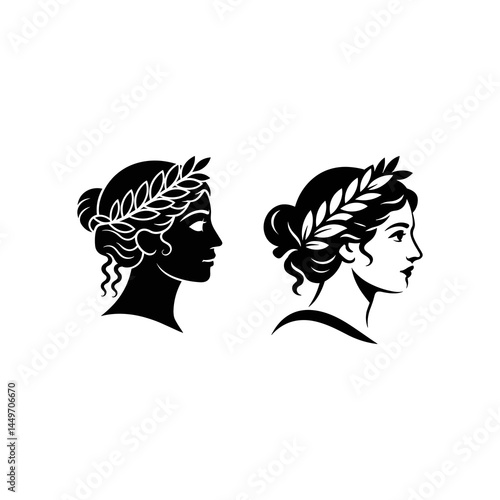 Facing Classical Female Busts in Profile with Laurel Wreaths Monochrome Illustration