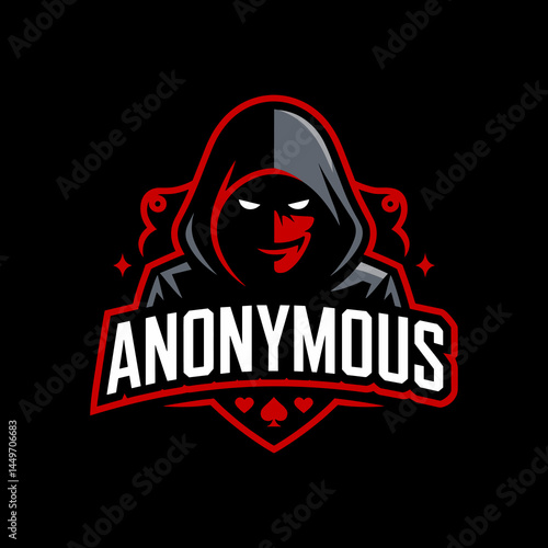 Dramatic Hooded Figure with Red Mask and Anonymous Text Esport Logo