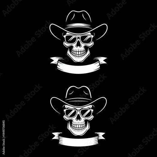  Monochrome Skull Logos with Cowboy Hats, Sunglasses, and Blank Ribbons