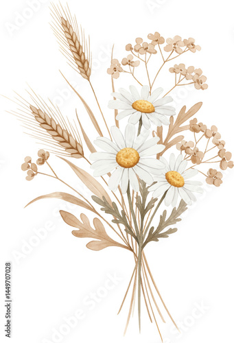 Watercolor Rustic Floral Bouquet with Daisies and Wheat