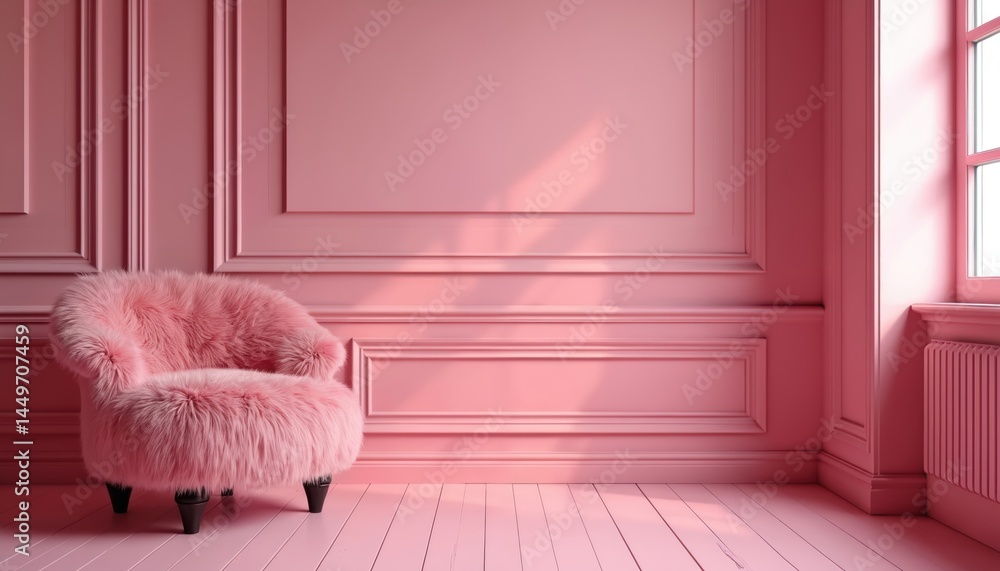 Pink room with fluffy fur chair. Empty interior design space with stylish modern home decor. Generative AI art. Pink wall, floor, luxury, apartment background.