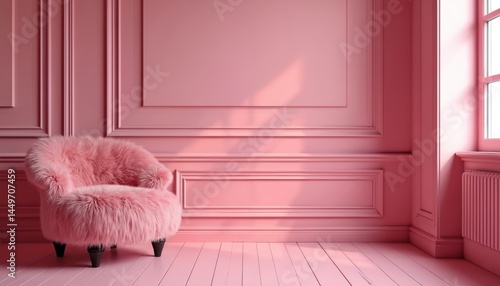Obraz na płótnie Pink room with fluffy fur chair. Empty interior design space with stylish modern home decor. Generative AI art. Pink wall, floor, luxury, apartment background. w salonie