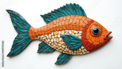Colorful mosaic fish on white backdrop. Unique design with detailed texture, vibrant orange blue hues. Creative decoration concept, art, craft, animal theme, interior decor, handmade, ceramic, home
