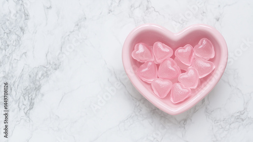 Heart shaped candy, pink candy in a heart bowl

