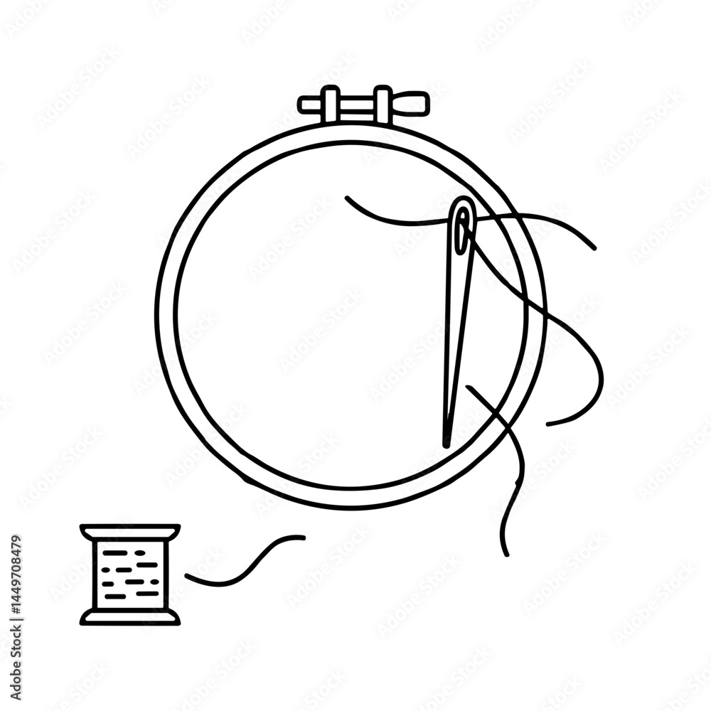 Embroidery hoop with needle and thread in simple line art style Embroidery hoop with needle and thread in simple line art style