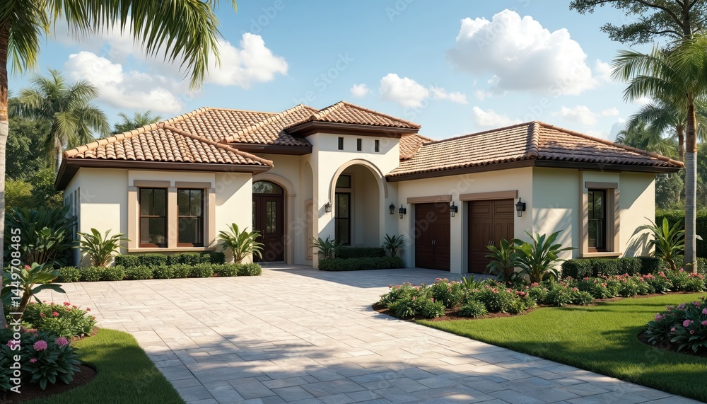 Luxury Florida home sunny day. Modern architecture, landscaped yard, driveway. Real estate villa with palm trees. Dream house, residential property, investment, market sale. Vacation, homeowner
