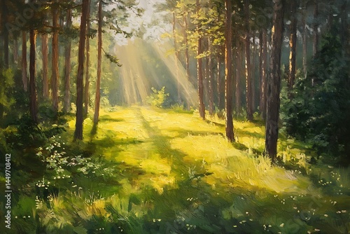 Sunlit Forest Meadow Golden Hour Painting Vibrant Green Hues Impressionistic Brushstrokes Peaceful Nature Scene