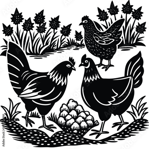 hen or chicken, rooster and chicks silhouette set. hen, rooster and chicks isolated farm animal silhouette icon vector collection

