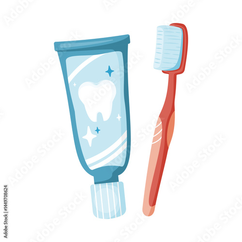 Toothbrush and toothpaste flat icon for dental care, oral hygiene, and daily tooth cleaning routine concept. Vector illustration isolated on white background.