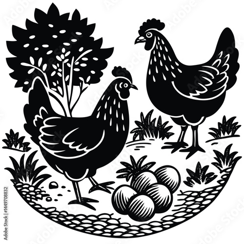 hen or chicken, rooster and chicks silhouette set. hen, rooster and chicks isolated farm animal silhouette icon vector collection
