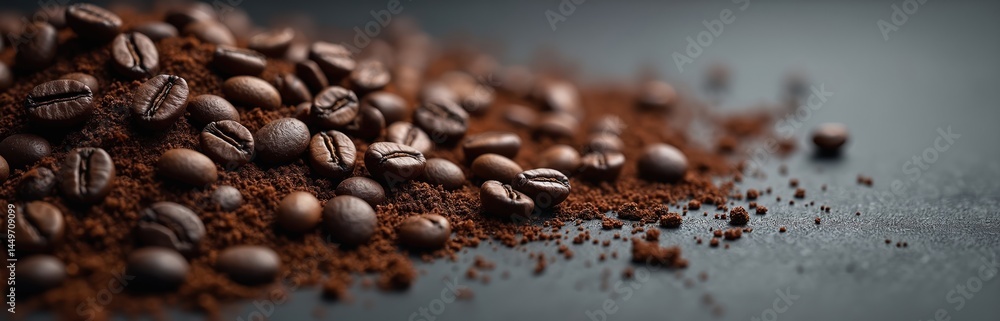 Illustration of burnt coffee beans scattered on dark grey textured background with coffee grounds. Roasted coffee beans, espresso preparation, aromatic, close-up with focus on details. Perfect for