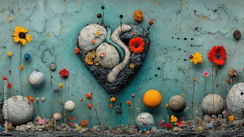 Human heart in space surrounded by flowers and stone planets - surrealism and abstraction of life and the cosmos.