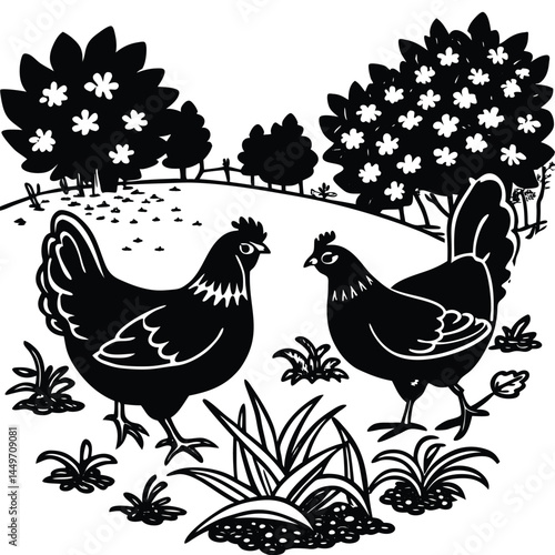 hen or chicken, rooster and chicks silhouette set. hen, rooster and chicks isolated farm animal silhouette icon vector collection

