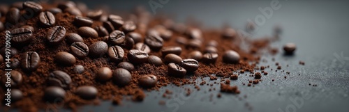 Illustration of burnt coffee beans scattered on dark grey textured background with coffee grounds. Roasted coffee beans, espresso preparation, aromatic, close-up with focus on details. Perfect for