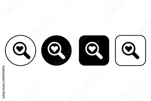 Collection of magnifying glass icons with heart inside. Buttons for web design