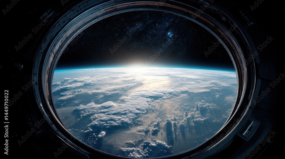 Breathtaking view of Earth from a spacecraft porthole, showcasing a sunrise over a partly cloudy landscape. The vastness of space and the beauty of our planet are captured in this stunning image. Breathtaking view of Earth from a spacecraft porthole, showcasing a sunrise over a partly cloudy landscape. The vastness of space and the beauty of our planet are captured in this stunning image.