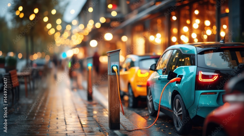 Fototapeta premium Electric vehicles charging at night in a city street
