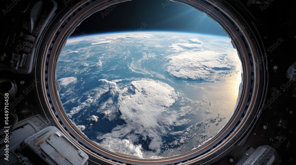Stunning view of Earth from a spacecraft window. Clouds and ocean seen from orbit. Breathtaking space exploration image. Stunning view of Earth from a spacecraft window. Clouds and ocean seen from orbit. Breathtaking space exploration image.