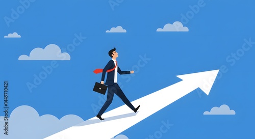 AI image shows a confident businessman with a briefcase walking upward on a large white arrow against a blue sky, symbolizing progress