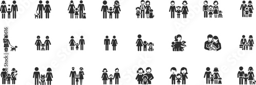 Family vector silhouette icon set. Father, mother, dog and baby icon set together.