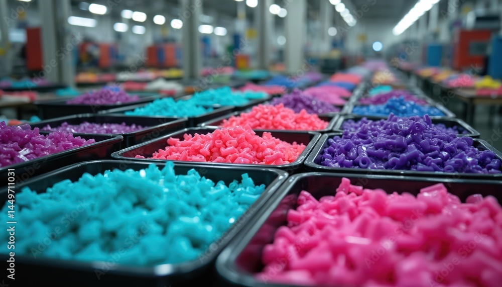 Colorful plastic toy parts organized in trays within busy manufacturing facility. Various toys pieces production. Warehouse filled with vibrant components arranged in containers. Toy manufacturing