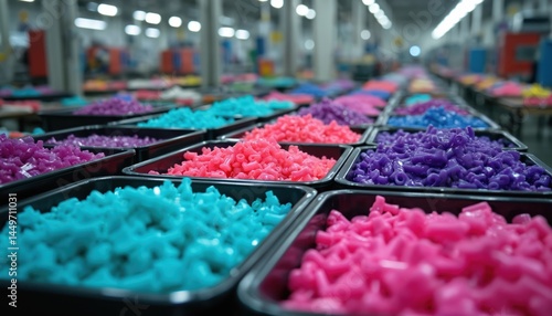 Obraz na płótnie Colorful plastic toy parts organized in trays within busy manufacturing facility. Various toys pieces production. Warehouse filled with vibrant components arranged in containers. Toy manufacturing w salonie