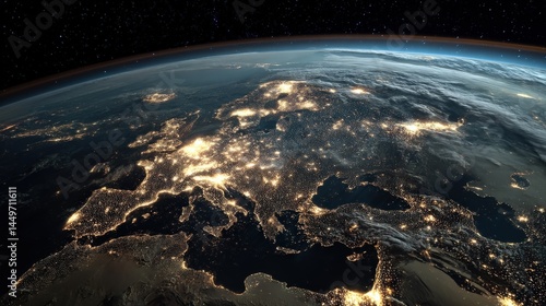 Fototapeta Naklejka Na Ścianę i Meble -  A breathtaking view of Europe at night, seen from space. Millions of city lights illuminate the continent, creating a stunning spectacle against the backdrop of the dark cosmos.