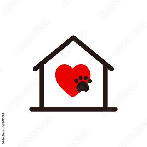 Paw print heart home icon. Animal love, day care, shelter, veterinary concept. Outline vector design isolated illustration.