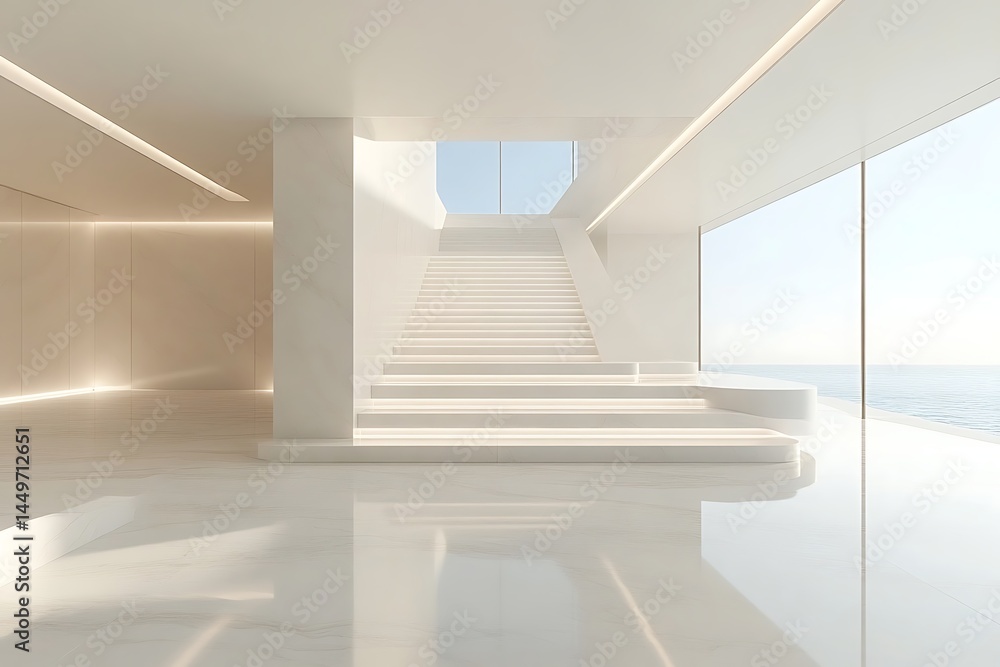 Obraz premium Bright light floods a modern minimalist interior featuring a spacious white staircase