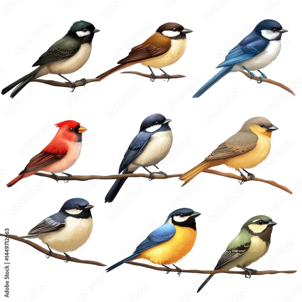 Fototapeta premium Collection of birds from different species perched isolated on white background