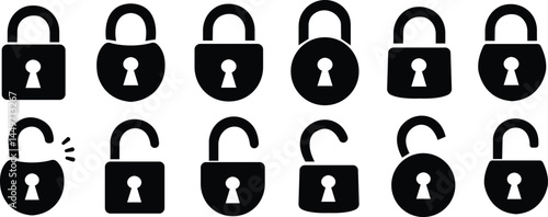 Lock black flat icon set . Lock and unlock vectors. Security and privacy symbol. Concept password and blocking sign. Padlock open and closed illustration collection isolated on transparent background.