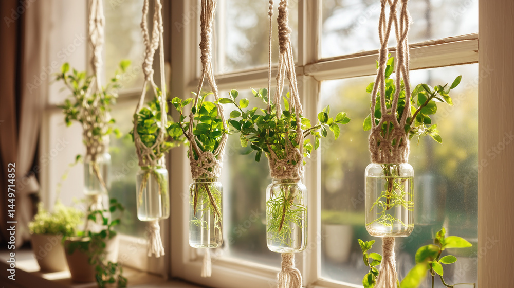 Fototapeta premium Hanging Glass Jar Planters with Green Cuttings in Macrame Holders by Bright Window Light