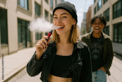 Young adults vaping outdoors.