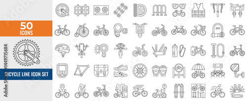Bicycle Line Icons Set – Minimal Vector Pictograms of Mountain Biking, Parking, Tracker, Bell, Light, Group Ride & Downhill Cycling