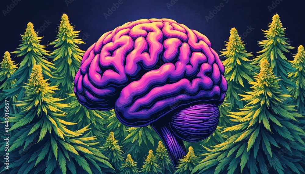 Pop art illustration of giant purple brain with cannabis buds. 80s retro poster style with psychedelic vibes. Artistic concept for cannabis culture promoting relaxation or mental activity.