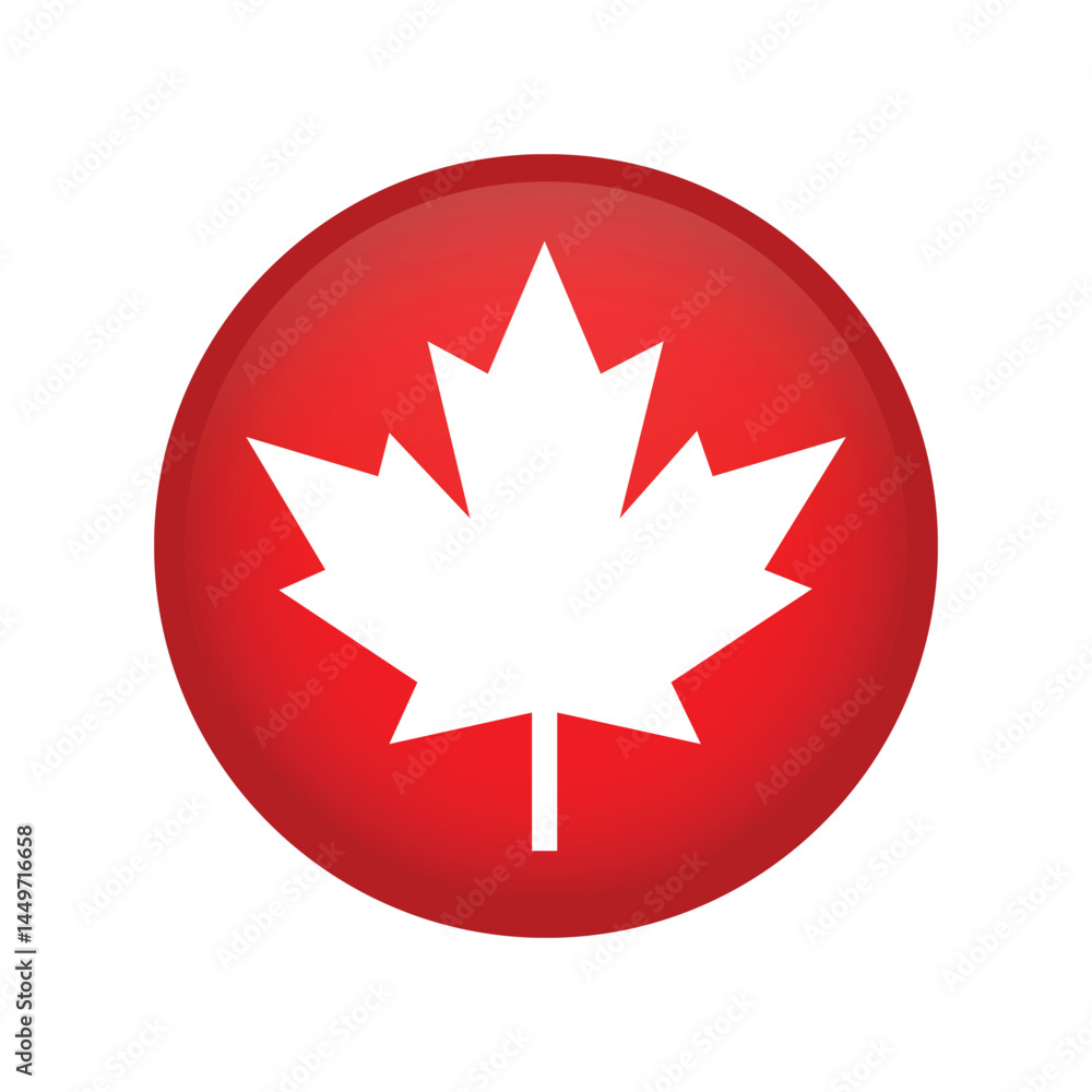 Maple Leaf, Canada Flag Button, 3d Badge, Red Canadian Maple Leaf Circle Button Sticker Circular Icon. Maple Leaf, Canada Flag Button, 3d Badge, Red Canadian Maple Leaf Circle Button Sticker Circular Icon.