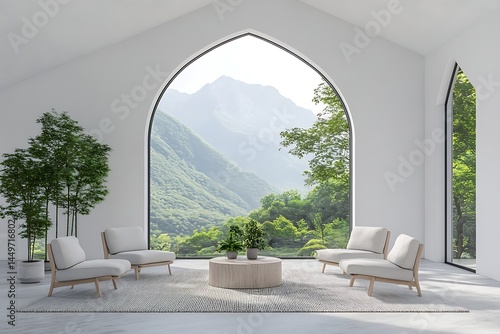 Bright Minimalist Living Room with Mountain View