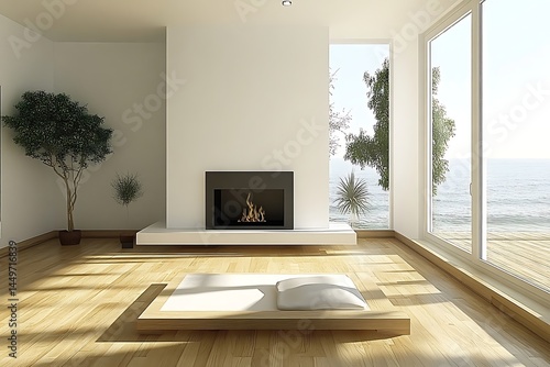 Bright Minimalist Living Room with Ocean View