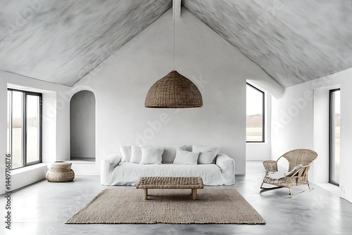 Bright Minimalist Living Room with White Linen Sofa and High Ceiling