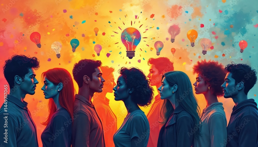 Illustration group of people, profiles, surrounded by abstract symbols, colorful light bulbs. Concept of creativity, mind, intelligence. Idea of cooperation, sharing, teamwork, innovation. Mental